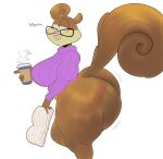  absurd_res anthro barrybbeesly big_breasts big_butt book bottomless breasts brown_body butt clothed clothing container cup dot_eyes english_text eyewear female glasses half-closed_eyes hi_res holding_book holding_container holding_cup holding_object huge_breasts huge_butt huge_thighs mammal narrowed_eyes nickelodeon rodent sandy_cheeks sciurid solo spongebob_squarepants sweater text thick_thighs topwear tree_squirrel 