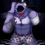  2023 amputee animatronic anthro biped bow_tie bulge chest_tuft clothing digital_media_(artwork) disability five_nights_at_freddy&#039;s five_nights_at_freddy&#039;s_2 fur heart_underwear hi_res inside lagomorph leporid machine male mammal missing_arm missing_ear navel nipples pubes purple_body purple_fur rabbit red_eyes robot scottgames solo standing teeth tuft underwear wildestwoof withered_bonnie_(fnaf) 