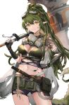  1girl arknights axe battle_axe belt_pouch bike_shorts bikini black_gloves black_shorts commentary_request crocodilian_tail dreadlocks ema_(kuguiema) gas_mask gavial_(arknights) gavial_the_invincible_(arknights) gloves goggles goggles_on_head green_bikini green_hair hand_on_hip highres holding holding_axe mask mask_around_neck oripathy_lesion_(arknights) pointy_ears pouch respirator shorts shoulder_tattoo solo stomach_tattoo swimsuit tail tattoo torn_clothes torn_gloves weapon 