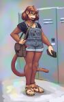  anthro black_clothing black_shirt black_topwear breasts brown_body brown_fur carol_(redustheriotact) cleavage clothed clothing colored_nails colored_toenails eyewear female footwear freckles fur glasses haplorhine hi_res locker mammal monkey nails nerfme nintendo nintendo_ds_family nintendo_dsi overalls pokeball pokemon primate redustheriotact sandals shirt solo toenails topwear 