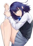  1girl absurdres bare_legs biting black_sweater_vest blue_bow blue_bowtie blue_eyes blue_hair bow bowtie closed_mouth collared_shirt commentary crying crying_with_eyes_open feet_out_of_frame grey_skirt hair_between_eyes highres holding_own_wrist kurokawa_akane lip_biting long_sleeves looking_at_viewer lying medium_hair on_side oshi_no_ko pleated_skirt puffy_sleeves school_uniform shirt sidelocks simple_background skirt solo star-shaped_pupils star_(symbol) streaming_tears sweater_vest symbol-shaped_pupils tapume tears variant_set white_background white_shirt 