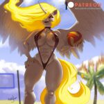  1:1 2023 5_fingers anthro areola artist_name ball beach bikini black_sclera breasts clothed clothing daybreaker_(mlp) digital_media_(artwork) equid equine fangs feathered_wings feathers female fingers fire flaming_hair flaming_tail friendship_is_magic hair hair_over_eye hand_on_hip hasbro holding_ball holding_object horn kevinsano looking_at_viewer mammal my_little_pony one_eye_obstructed open_mouth palm_tree patreon patreon_logo plant pseudo_hair seaside signature sling_bikini solo spread_wings swimwear tail teeth text tree url volleyball_(ball) winged_unicorn wings yellow_eyes 