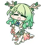  1girl :d =_= antlers barefoot blue_bow blue_bowtie bow bowtie braid braided_bangs cape ceres_fauna chibi closed_eyes full_body gradient_hair green_hair hololive hololive_english jewelry mole mole_under_eye multicolored_hair official_art own_hands_together single_thighhigh smile solo thighhighs toeless_legwear transparent_background two-sided_fabric virtual_youtuber white_cape white_thighhighs wide_sleeves 