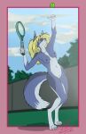  absurd_res anthro blonde_hair blue_body blue_fur canid canine canis charity_cross commandercross ear_piercing female fur genitals hair hi_res industrial_piercing mammal navel navel_piercing nipple_piercing nipples nude piercing pubes pussy solo tennis tennis_racket wolf 