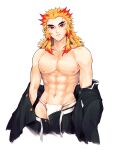  1boy abs absurdres demon_slayer_uniform forked_eyebrows highres japanese_clothes kimetsu_no_yaiba male_focus male_underwear mamimume_momo multicolored_hair muscular muscular_male navel nipples orange_hair red_eyes red_hair rengoku_kyoujurou solo stomach topless_male two-tone_hair underwear undressing 