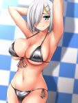  1girl absurdres armpits arms_behind_head bikini black_bikini blue_eyes breasts checkered_background cleavage commission covered_navel cowboy_shot embarrassed front-tie_bikini_top front-tie_top grey_hair hair_ornament hair_over_one_eye hairclip hamakaze_(kancolle) highres kantai_collection large_breasts pixiv_commission short_hair side-tie_bikini_bottom sofmap_background solo step_and_repeat swimsuit zanntetu 