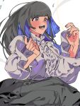  1girl black_hair black_skirt blue_hair colored_inner_hair frilled_shirt frills highres long_hair long_sleeves multicolored_hair open_mouth punishing:_gray_raven purple_eyes selena_(punishing:_gray_raven) shirt skirt white_shirt yongsadragon 