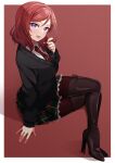  1girl absurdres boots border brown_pantyhose cardigan crossed_legs from_side full_body hand_up highres love_live! love_live!_school_idol_project medium_hair miniskirt necktie nishikino_maki open_mouth pantyhose pukonuu purple_eyes red_hair sitting skirt solo striped_necktie thigh_boots white_border 