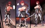  ! ... armor armored_boots blue_eyes boots breasts gloves high_heels highres knight large_breasts long_hair nipples original petrification ponytail red_hair speech_bubble uns_(sdsxsoverlord) 