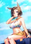  1girl absurdres air_groove_(seaside_bloom)_(umamusume) air_groove_(umamusume) animal_ears bikini breasts brown_hair cleavage commentary diffraction_spikes ear_flower feet_out_of_frame floral_background flower hand_on_own_cheek hand_on_own_face highres horse_ears horse_girl horse_tail jewelry lens_flare looking_at_viewer midriff navel necklace o-ring o-ring_bikini official_alternate_costume official_alternate_hairstyle outdoors pink_flower purple_eyes sarong sideboob sitting solo summer&#039;s_sunlight_fades_to_blue_(umamusume) sunlight swimsuit tail tomoru_(tomanvil_3) tulip umamusume white_bikini yellow_sarong 
