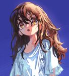  1girl :o brown_eyes brown_hair flat_chest hair_between_eyes highres hirai_dragon long_hair looking_at_viewer messy_hair open_mouth original purple_background shirt sidelighting solo tareme upper_body white_shirt 