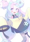  &gt;:) asymmetrical_legwear blush bow character_hair_ornament gaogao_(gaogaomegu) hair_bow hair_ornament highres iono_(pokemon) long_hair magnemite mismatched_legwear multicolored_hair open_mouth oversized_clothes pastel_colors pokemon pokemon_(game) pokemon_sv sharp_teeth split-color_hair teeth two-tone_hair v-shaped_eyebrows very_long_hair very_long_sleeves white_background 