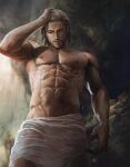  1boy abs absurdres aenaluck bara chest_hair closed_mouth facial_hair grey_hair highres large_pectorals male_focus master_(aenaluck) muscular muscular_male navel navel_hair nipples original pectorals short_hair signature solo towel towel_around_waist water wet wet_hair 