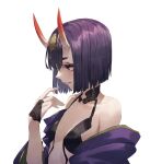  1girl bare_shoulders bob_cut breasts english_commentary eyeliner fate/grand_order fate_(series) hair_between_horns headpiece highres horns japanese_clothes kimono licking_lips makeup oni oni_horns profile purple_eyes purple_hair purple_kimono revealing_clothes saliva saliva_trail short_hair shuten_douji_(fate) simple_background skin-covered_horns small_breasts solo tesin_(7aehyun) tongue tongue_out upper_body white_background 