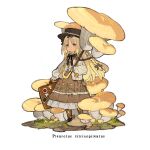  1girl black_bow black_bowtie blonde_hair blush bow bowtie braid briefcase brown_bow brown_dress brown_eyes brown_headwear dress grass hair_bow hat holding holding_briefcase holding_umbrella jacket light_smile long_hair looking_ahead mushroom mushroom_umbrella original scientific_name smile starshadowmagician sticker sweater_under_jacket umbrella white_background 