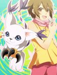  1girl 1other animal_ears brown_eyes brown_hair cat cat_ears dianavigo digimon digimon_(creature) gloves holding holding_whistle holy_ring jewelry open_mouth pants pink_pants pink_scarf ring scarf shirt short_hair sleeveless tail tailmon teeth upper_teeth_only whistle yagami_hikari yellow_shirt 