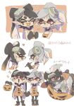  2girls :3 :d animalization applying_makeup artist_name black_hair black_pantyhose bow-shaped_hair callie_(splatoon) closed_eyes closed_mouth cousins detached_collar dress facepaint food gradient_hair grey_hair halloween halloween_bucket halloween_costume heart highres holding_hands marie_(splatoon) multicolored_hair multiple_girls multiple_views official_alternate_costume official_alternate_hair_color open_mouth orange_dress orange_hair pantyhose pumpkin red_eyes smile sparkle splatoon_(series) splatoon_1 splatoon_3 strapless strapless_dress sushi thick_eyebrows twintails white_background yuritokemo 