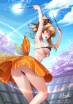  1girl :d adsouto armpits arms_up artist_name ass bare_arms bare_legs bikini black_bikini blonde_hair blue_sky blush breasts cloud day fireworks floating_hair from_behind genshin_impact half_updo highres holding large_breasts long_hair miniskirt open_mouth orange_skirt outdoors patreon_username polka_dot polka_dot_bikini print_skirt sideboob signature skirt sky smile solo standing swimsuit twisted_torso twitter_username underboob watermark web_address yellow_eyes yoimiya_(genshin_impact) 