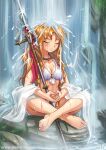  barefoot bikini braid braided_bangs breasts closed_eyes fantasy foliage gem hand_gesture holding holding_polearm holding_sword holding_weapon jewelry les_chevaucheurs maxa&#039; meditation necklace orange_hair original patreon_username phenice_walholl polearm red_gemstone rock scar small_breasts swimsuit sword water waterfall weapon wet wet_clothes white_bikini 