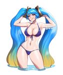  1girl :q alternate_costume arms_up artist_name bikini blue_bikini blue_hair blush blushyspicy breasts cleavage collarbone green_hair hair_lift holding holding_hair large_breasts league_of_legends lips long_hair multicolored_hair navel navel_piercing orange_hair piercing pool_party_(league_of_legends) shiny_skin smile sona_(league_of_legends) swimsuit tongue tongue_out twintails very_long_hair wading water wavy_hair 