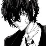 1boy bandage_over_one_eye bandaged_neck bandages bungou_stray_dogs closed_mouth collared_shirt commentary_request dazai_osamu_(bungou_stray_dogs) greyscale highres jacket looking_at_viewer male_focus monochrome necktie povdx shirt short_hair simple_background solo twitter_username upper_body 