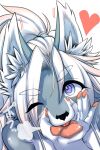  &lt;3 5_fingers anthro black_nose breath canid canine canis cheek_tuft close-up digital_media_(artwork) eyebrows eyelashes facial_tuft female female_anthro fingers fur grey_body grey_fur hair hand_lick hi_res highlights_(coloring) kemono licking_own_hand long_hair looking_at_viewer mammal multicolored_body multicolored_fur okami_bark one_eye_closed ookamiwaho pawpads pink_highlights ponytail purple_eyes selfie simple_background solo thick_eyebrows tongue tongue_out tuft two_tone_body two_tone_fur white_body white_fur white_hair wink winking_at_viewer wolf 