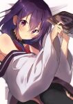  1girl absurdres black_thighhighs blush book closed_mouth highres holding holding_book kootee-on long_hair long_sleeves looking_at_viewer miniskirt purple_eyes purple_hair purple_skirt skirt solo sweatdrop thighhighs urara_meirochou yukimi_koume zettai_ryouiki 