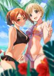  2girls absurdres aiba_yumi beach bikini bikini_skirt black_bikini blonde_hair bow bracelet brown_hair cloud cloudy_sky coconut_tree floral_print hair_bow highres hojo_karen idolmaster idolmaster_cinderella_girls idolmaster_cinderella_girls_starlight_stage jewelry kaiso_(kaisooekaki) multiple_girls navel ocean palm_tree ponytail sky swimsuit tree 