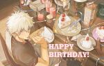  1boy absurdres antique_phone birthday cake cupcake eating food from_above gintama hadanugi_dousa happy_birthday highres japanese_clothes jitome kimono looking_at_viewer male_focus open_clothes open_kimono phone rotary_phone sakata_gintoki solo spoon strawberry_cake strawberry_milk table white_hair xi_hsi 