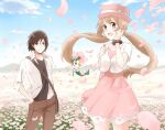  1boy 1girl alternate_costume bad_id bad_pixiv_id bag black_hair black_shirt blush calem_(pokemon) cowboy_shot dress falling_petals field floette flower flower_field hands_in_pockets holding holding_flower light_brown_hair mega_ring open_mouth petals pink_dress pink_headwear pokemon pokemon_(creature) pokemon_(game) pokemon_xy serena_(pokemon) shirt smile standing yairo_(sik_s4) 