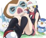  1girl absurdres arm_support beanie black_shirt black_shorts black_socks blue_eyes blue_hair blurry blurry_foreground blush breasts commentary_request dawn_(pokemon) feet foot_hold foreshortening hair_ornament hairclip hat head_tilt highres knees_up legs long_hair looking_at_viewer mamoswine multiple_others no_shoes open_mouth pachirisu pink_skirt piplup poke_ball_print pokemon pokemon_(anime) pokemon_(creature) pokemon_dppt_(anime) poketch rauto red_scarf scarf shirt shorts shorts_under_skirt sidelocks sitting skirt sleeveless sleeveless_shirt small_breasts socks thighs watch white_background white_headwear wristwatch 