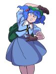  1girl absurdres backpack bag blue_eyes blue_hair blue_shirt blue_skirt brown_gloves commentary eddybird55555 gloves green_headwear hair_bobbles hair_ornament highres kawashiro_nitori key shirt short_sleeves simple_background skirt solo touhou two_side_up white_background 