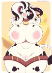  anthro areola belt big_breasts bovid bovine breasts cattle collar ear_piercing female genitals hair hi_res huge_breasts l-a-v mammal multicolored_hair navel nipples open_mouth orange_eyes piercing pink_areola pink_nipples pussy solo spots spotted_body thick_thighs two_tone_hair white_body wide_hips 