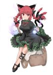  1girl :3 animal_ears black_bow bow braid breasts cat_ears cat_tail chups commentary_request dress floating_skull frills green_dress hair_bow hair_ribbon highres hitodama kaenbyou_rin large_breasts light_blush looking_at_viewer multiple_tails nekomata red_eyes red_hair red_ribbon ribbon simple_background solo tail touhou tress_ribbon twin_braids two_tails white_background 