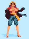  1boy abs aged_up alternate_body_hair alternate_facial_hair arm_hair belt closed_eyes coat coat_on_shoulders cross_scar crossed_arms crown denim denim_shorts facial_hair full_body hat highres male_focus mature_male monkey_d._luffy mustache one_piece red_shirt ruben_menzel sandals scar scar_on_face scar_on_forehead shirt short_hair shorts solo standing stomach straw_hat stubble toned toned_male 