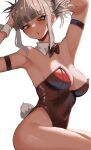  1girl absurdres arm_behind_head arm_strap armpits arms_up bags_under_eyes bare_shoulders blunt_bangs blush boku_no_hero_academia bow bowtie breasts brown_hair commentary_request covered_navel detached_collar double_bun fake_tail hair_bun highleg highleg_leotard highres leotard looking_at_viewer medium_breasts messy_hair parted_lips playboy_bunny rabbit_tail red_bow red_bowtie red_leotard short_hair sidelocks simple_background sitting slit_pupils solo strapless strapless_leotard tail thighs toga_himiko white_background white_wrist_cuffs wrist_cuffs yellow_eyes zd_(pixiv6210083) 