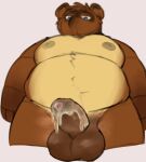  animal_crossing anthro balls belly blue_eyes bodily_fluids brown_body brown_fur canid canine cum erection foreskin fur genital_fluids genitals hi_res looking_at_viewer looking_down looking_down_at_viewer low-angle_view male mammal musclegut nintendo nipples pecs penis raccoon_dog solo tanuki tom_nook_(animal_crossing) unholyluhen 
