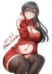  1girl absurdres akagi_(kancolle) bare_shoulders black_hair black_thighhighs blush breasts cleavage commentary_request dated highres kantai_collection katou_shinobu large_breasts long_hair meme_attire midriff mixed-language_commentary navel red_sweater simple_background smile solo sweater thighhighs twitter_username virgin_killer_sweater white_background 