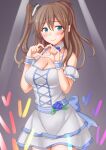  1girl anti_(untea9) blue_eyes blush breasts brown_hair choker cleavage concert dress frilled_dress frills glowstick heart heart_hands highres idol idol_clothes kantai_collection large_breasts long_hair looking_at_viewer saratoga_(kancolle) smile stage stage_lights white_choker white_dress 