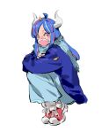  1girl blue_cardigan blue_hair blue_scarf blue_skirt cardigan covered_mouth curled_horns dinosaur_girl horns hugging_own_legs leaf leaf_on_head long_hair mask mouth_mask multicolored_hair one_piece pink_eyes pink_hair pink_mask raine_(acke2445) red_footwear scarf simple_background skirt solo squatting streaked_hair ulti_(one_piece) white_background 