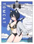  1girl aircraft aircraft_carrier airplane animal_ear_fluff animal_ears artist_name atamonica bikini black_bikini black_hair blush breasts cat_girl cat_tail cloud cowboy_shot f-14_tomcat fighter_jet jet looking_at_viewer medium_breasts military military_vehicle missile navel original outdoors red_eyes ship solo standing stomach swimsuit tail tongue tongue_out warship watercraft 