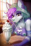  absurd_res anthro beverage breasts canid canine canis cherry domestic_dog exposed_breasts female food fruit furniture hi_res husky kotlass looking_down mammal milkshake minty_mintleaf_(fishpaste2100) nipples nordic_sled_dog plant solo speech_bubble spitz surprise table 