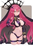  1girl absurdres baobhan_sith_(fate) baobhan_sith_(second_ascension)_(fate) bare_shoulders black_panties bracelet breasts bridal_gauntlets detached_sleeves fate/grand_order fate_(series) grey_eyes highres jewelry large_breasts long_hair looking_at_viewer navel panties pink_hair pointy_ears revealing_clothes sidelocks solo spiked_bracelet spikes thigh_strap thighs tiara underwear ura_illust veil 