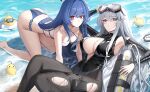  2girls absurdres all_fours ass azur_lane bare_shoulders barefoot bikini black_leotard black_pantyhose blue_bikini blue_eyes blue_hair blush breasts cleavage closed_mouth commentary english_commentary enterprise_(azur_lane) enterprise_(diving_under_blue_skies)_(azur_lane) goggles goggles_on_head grey_hair helena_(azur_lane) helena_(shimmering_triangle_wave)_(azur_lane) highres jeze large_breasts leotard long_hair looking_at_viewer lying manjuu_(azur_lane) multiple_girls on_back outdoors pantyhose parted_lips purple_eyes scuba_tank swim_goggles swimsuit thigh_strap thighs water wet 