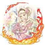  1girl blonde_hair bouquet breasts cleavage dress euphoria_(gate_of_nightmares) fire flower gate_of_nightmares green_eyes hair_flower hair_ornament highres holding holding_bouquet large_breasts long_hair looking_at_viewer mashima_hiro official_alternate_costume official_art pink_dress pink_flower pink_rose ponytail rose solo stained_glass tiara transparent_background upper_body white_dress 