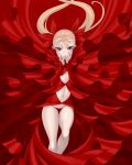  1girl blonde_hair commentary_request dance_in_the_vampire_bund dress expressionless feet_out_of_frame flat_chest flower hands_on_own_cheeks hands_on_own_face highres lips long_hair looking_at_viewer mina_tepes navel official_art panties red_dress red_eyes red_flower red_panties red_ribbon red_rose red_theme revealing_clothes ribbon rose solo tamaki_nozomu twintails underwear 