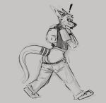  2023 anthro backpack bottomwear butt canid canine canis clothing covertcanine coyote exclamation eyewear footwear glasses hybrid kale_(covertcanine) looking_at_viewer mammal monochrome mouth_closed pants sagging_pants shirt shoes simple_background solo tail topwear walking 