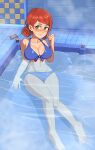  1girl barleyshake bikini blue_bikini blush breasts brown_hair cleavage commission earrings full_body green_eyes hand_up highres jewelry large_breasts looking_at_viewer navel partially_submerged penny_(stardew_valley) pool sitting smile solo stardew_valley steam swimsuit tile_floor tile_wall tiles water 