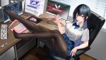  1girl black_hair black_pantyhose blue_bow blue_bowtie blush bow bowtie breast_pocket breasts chair collared_shirt computer desk full_body graphics_card highres holding indoors keyboard_(computer) large_breasts long_hair looking_at_viewer monitor mouse_(computer) open_mouth original otakueden1995 pantyhose pocket red_eyes shirt short_sleeves sitting smile thighs valorant white_shirt window_blinds wooden_floor 