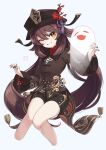  1girl ;d bead_bracelet beads black_nails black_shorts boo_tao_(genshin_impact) bracelet brown_coat brown_hair brown_headwear coat coattails cropped_legs flower genshin_impact ghost grin hair_between_eyes hat hat_flower hat_tassel highres hu_tao_(genshin_impact) jewelry long_hair long_sleeves looking_at_viewer one_eye_closed saebashi shorts simple_background smile solo star-shaped_pupils star_(symbol) symbol-shaped_pupils twintails white_background yellow_pupils 